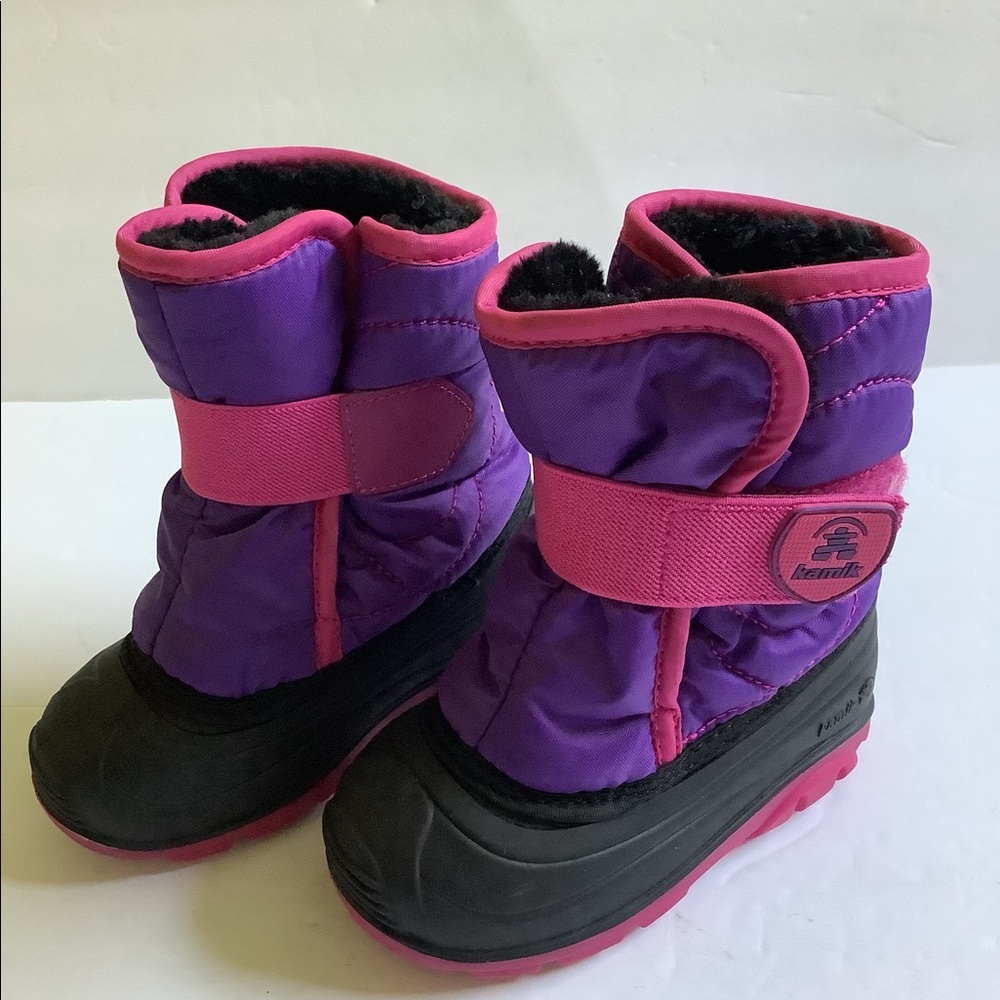 Kamik Kids 7 Purple Pink Snow Boots Hook n’ Loop Close Black Faux Fur